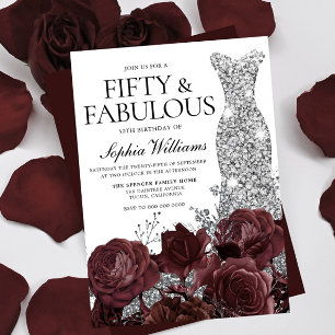 Silver Dress Burgundy Roses 50th Birthday Party  Invitation