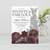 Silver Dress Burgundy Roses 70th Birthday Party Invitation (Standing Front)