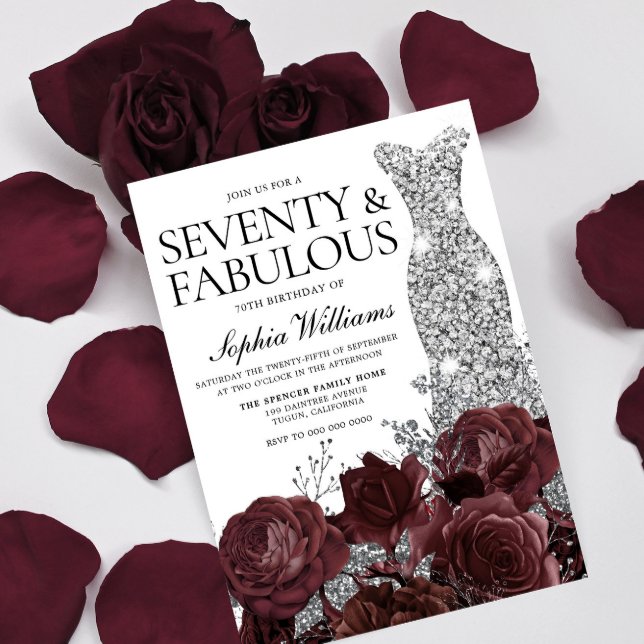 Silver Dress Burgundy Roses 70th Birthday Party Invitation