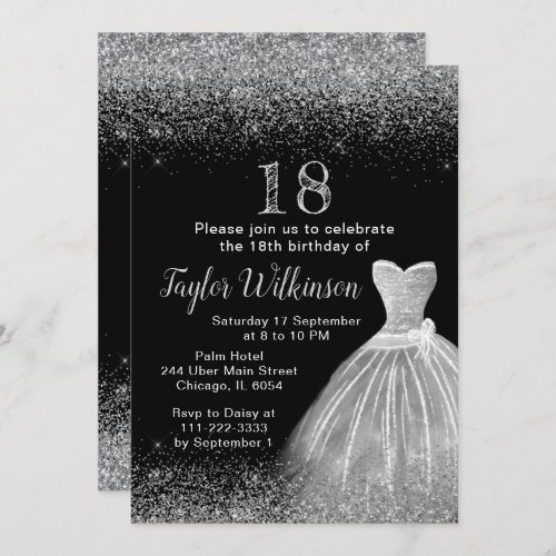 Silver Dress Faux Glitter Birthday Party Invitation