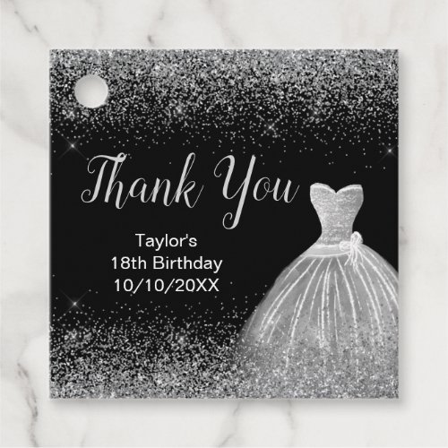 Silver Dress Faux Glitter Birthday Thank You Favor Tags
