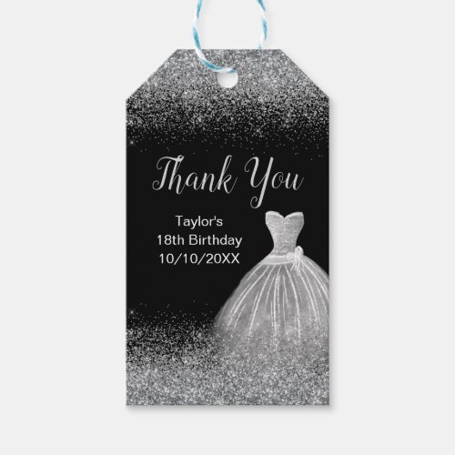 Silver Dress Faux Glitter Birthday Thank You Gift Tags