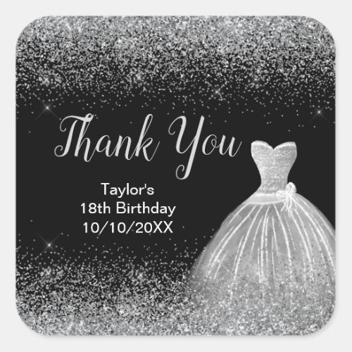 Silver Dress Faux Glitter Birthday Thank You Square Sticker