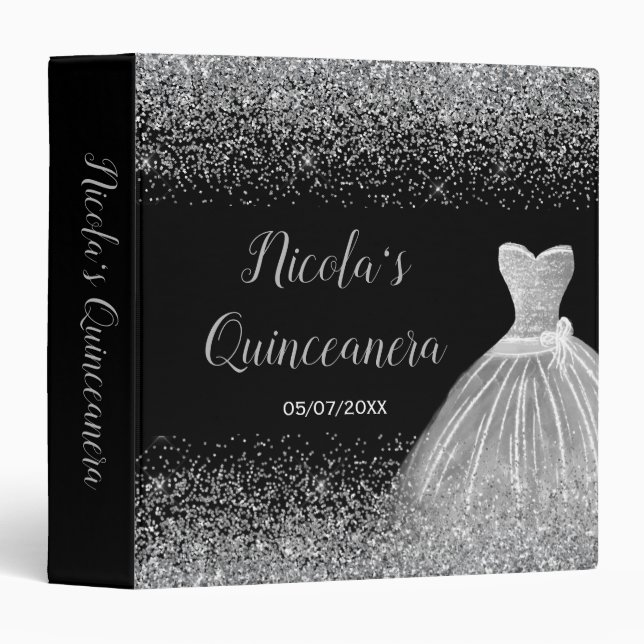 Silver Dress Faux Glitter Quinceanera Album 3 Ring Binder (Front/Spine)