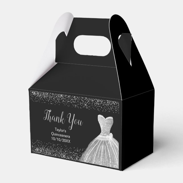 Silver Dress Faux Glitter Quinceanera  Favor Boxes (Back Side)
