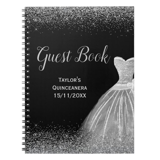 Silver Dress Faux Glitter Quinceanera  guest Book (Front)