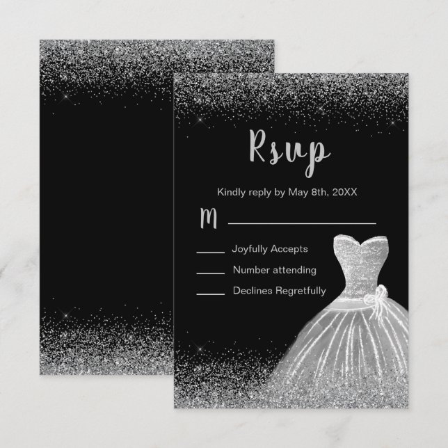 Silver Dress Faux Glitter Quinceanera  RSVP Card (Front/Back)