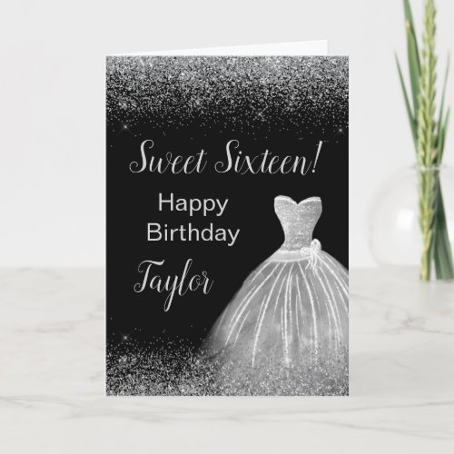 Silver Dress Faux Glitter Sweet 16 Birthday Card