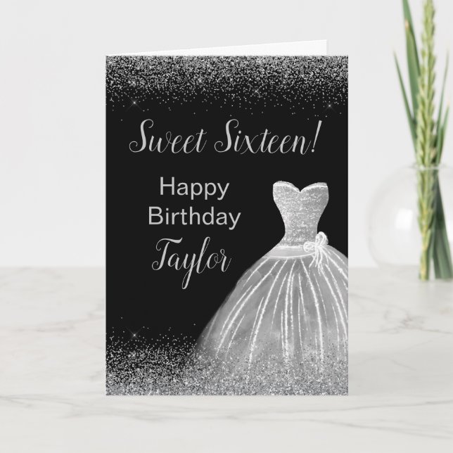 Silver Dress Faux Glitter Sweet 16 Birthday Card (Front)