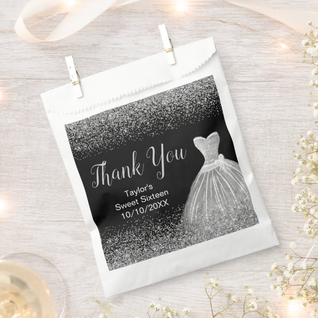 Silver Dress Faux Glitter Sweet 16 Birthday Favor Bag (Clipped)
