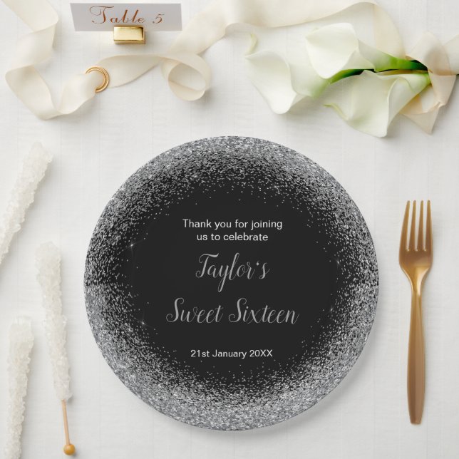 Silver Dress Faux Glitter Sweet 16 Birthday Paper Plates (Wedding)