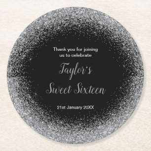 Silver Dress Faux Glitter Sweet 16 Birthday Round Paper Coaster