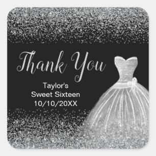 Silver Dress Faux Glitter Sweet 16 Birthday Square Sticker