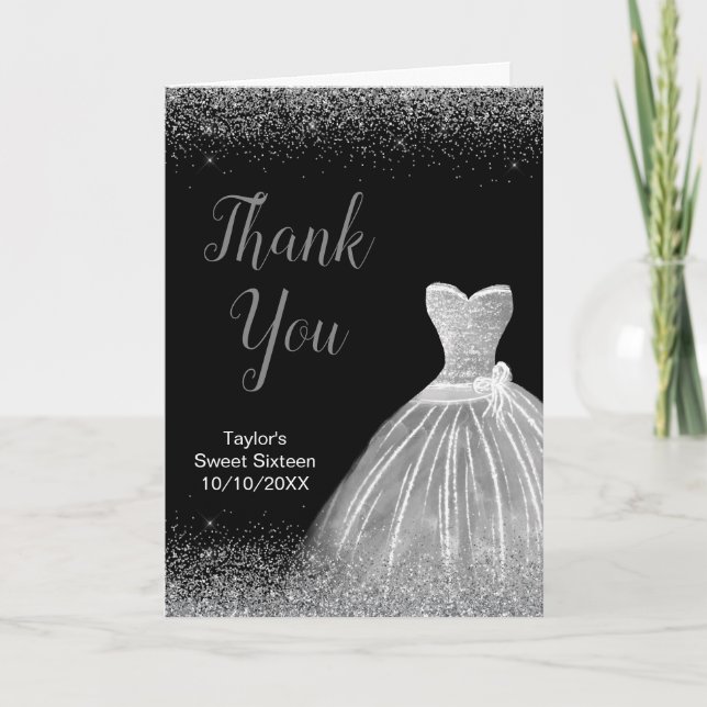 Silver Dress Faux Glitter Sweet 16 Birthday Thank You Card (Front)