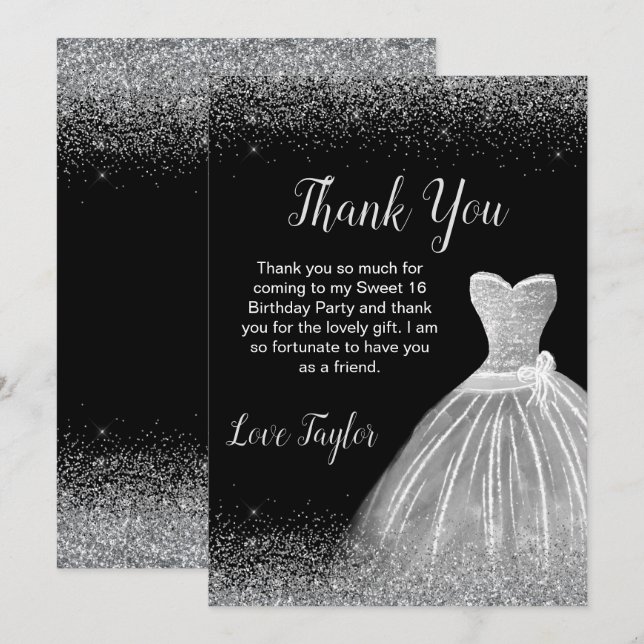 Silver Dress Faux Glitter Sweet 16 Birthday Thank You Card (Front/Back)