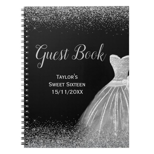 Silver Dress Faux Glitter Sweet 16 guest Book (Front)
