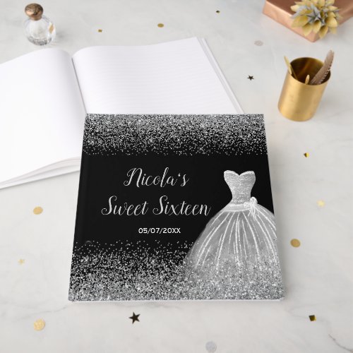 Silver Dress Faux Glitter Sweet 16  Guest Book