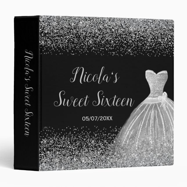 Silver Dress Faux Glitter Sweet 16 Photo Album 3 Ring Binder (Front/Spine)