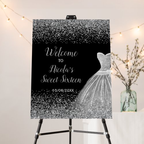 Silver Dress Faux Glitter Sweet 16 Welcome Foam Board