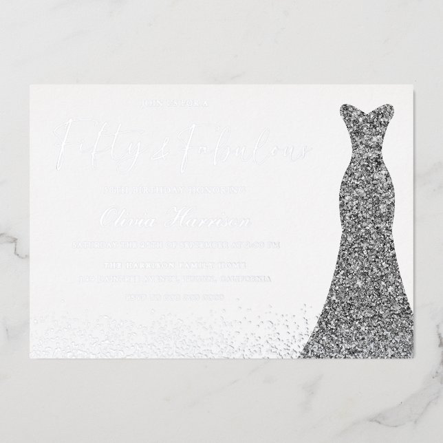 Silver Dress Fifty & Fabulous 50th Birthday Silver Foil Invitation (Front)