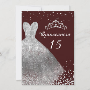 Silver Dress Gown Burgundy Quinceanera Party 15th Invitation