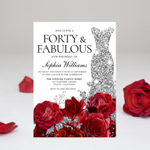 Silver Dress Gown Red Roses 40th Birthday Party Invitation