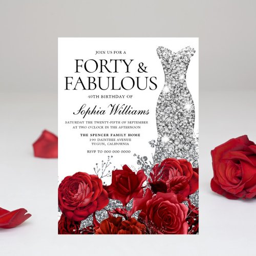 Silver Dress Gown Red Roses 40th Birthday Party Invitation