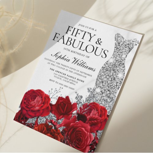 Silver Dress Gown Red Roses 50th Birthday Party Invitation