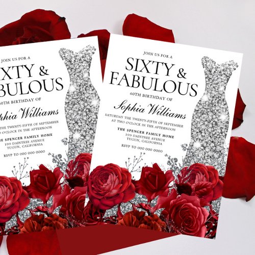 Silver Dress Gown Red Roses 60th Birthday Party Invitation