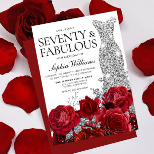 Silver Dress Gown Red Roses 70th Birthday Party Invitation