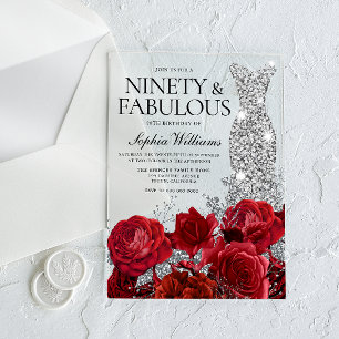 Silver Dress Gown Red Roses 90th Birthday Party Acrylic Invitations