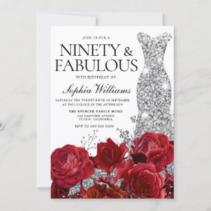 Silver Dress Gown Red Roses 90th Birthday Party Invitation