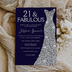 Silver Dress Midnight 21 & Fabulous 21st Birthday Invitation