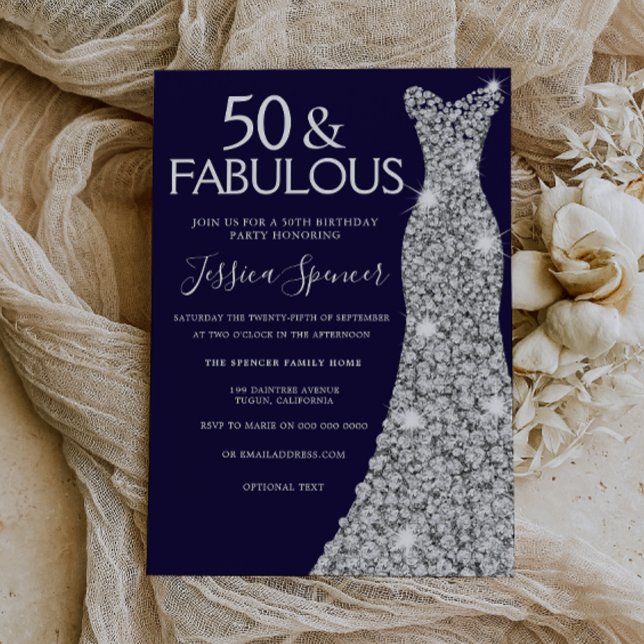 Silver Dress Navy 50 & Fabulous 50th Birthday Invitation (Creator Uploaded)