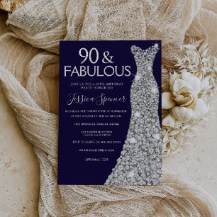 Silver Dress Navy 90 & Fabulous 90th Birthday Invitation