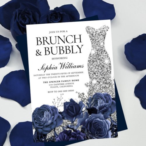 Silver Dress Navy Brunch  Bubbly Bridal Shower Invitation