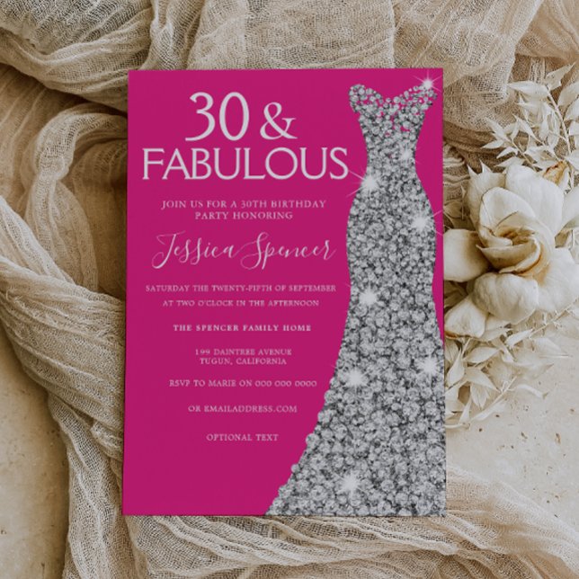 Silver Dress Pink 30 & Fabulous 30th Birthday Invitation (Creator Uploaded)