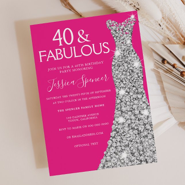 Silver Dress Pink 40 & Fabulous 40th Birthday Invitation (Creator Uploaded)