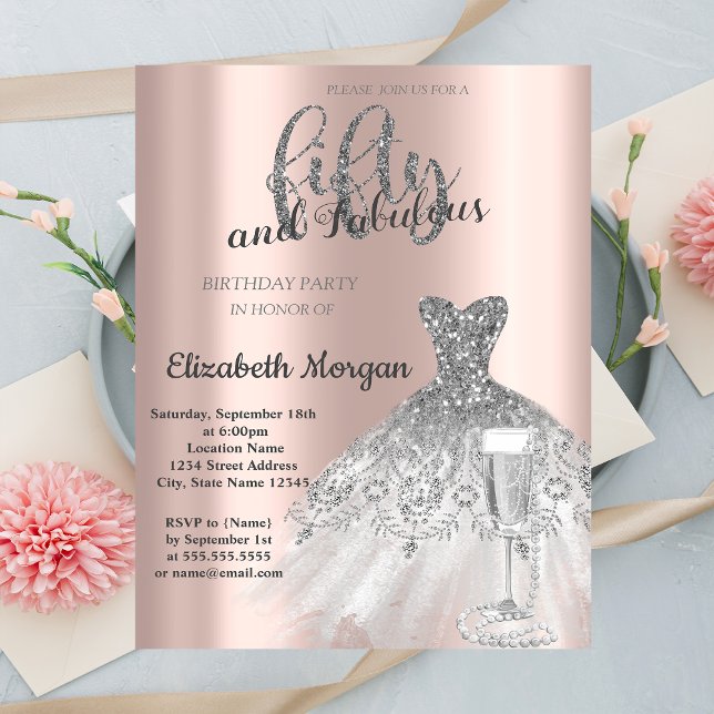 Silver Dress Prosecco Pearls 50th Birthday Invitation (Creator Uploaded)