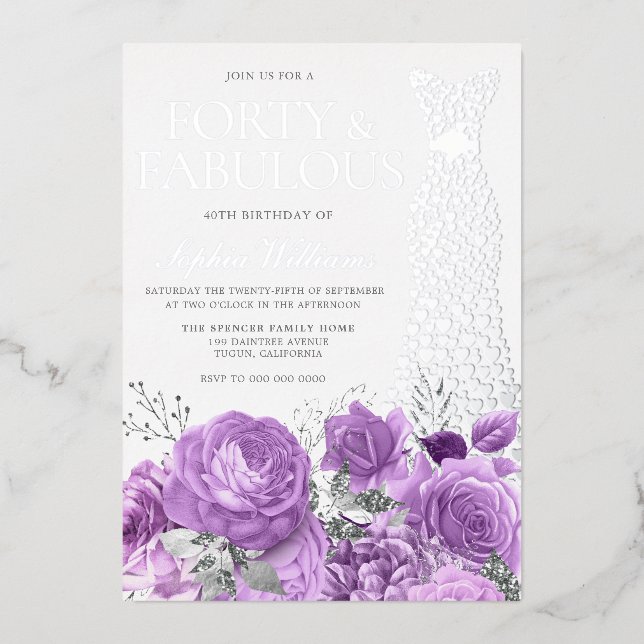 Silver Dress Purple Lavender Floral 40th Birthday Foil Invitation (Front)