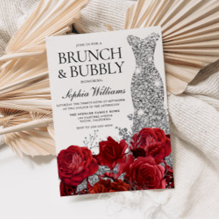 Silver Dress Red Rose Brunch Bubbly Bridal Shower  Invitation