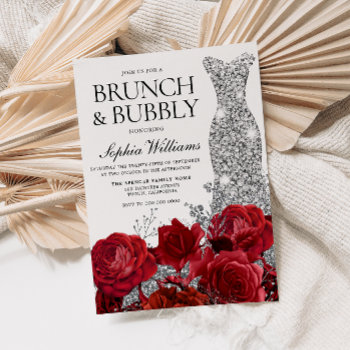 Silver Dress Red Rose Brunch Bubbly Bridal Shower  Invitation by Nicheandnest at Zazzle