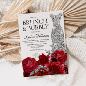 Silver Dress Red Rose Brunch Bubbly Bridal Shower  Invitation