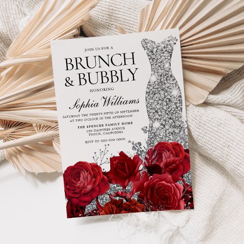 Silver Dress Red Rose Brunch Bubbly Bridal Shower  Invitation