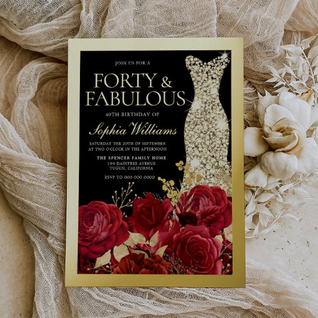 Silver Dress, Red Roses & Black 40th Birthday Gold Foil Invitation (Creator Uploaded)
