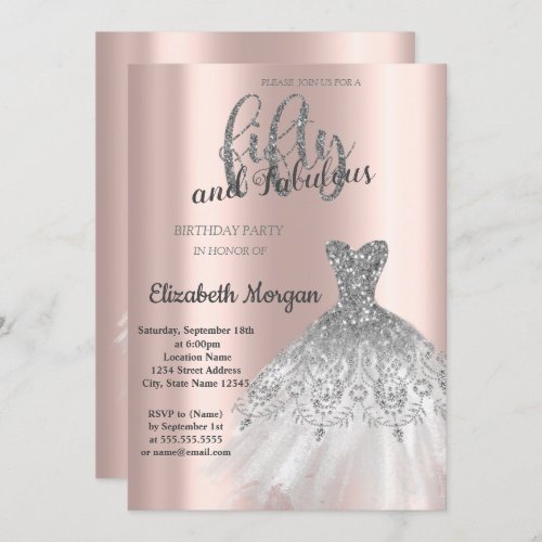 Silver Dress Rose Gold 50th Birthday Party  Invit Invitation