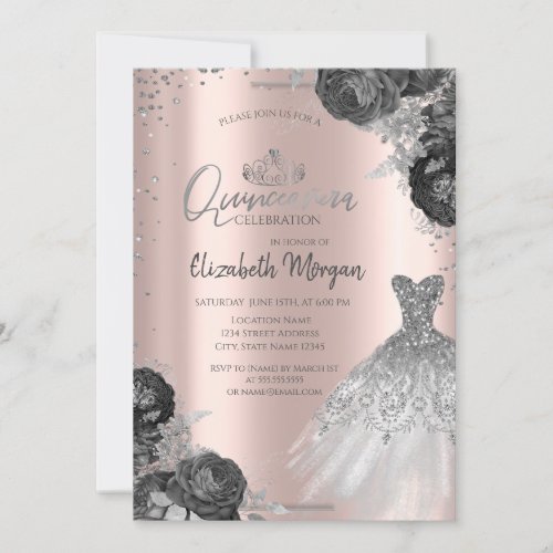 Silver Dress Roses Diamonds Rose Gold Quinceaera  Invitation