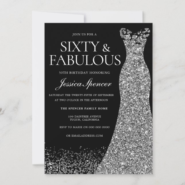 Silver Dress Sixty & Fabulous 60th Party Black Invitation (Front)