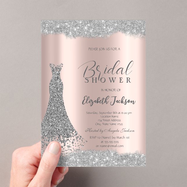 Silver Dress Sparkle Frame Rose Gold  Acrylic Invitations (Insitu (Handheld))