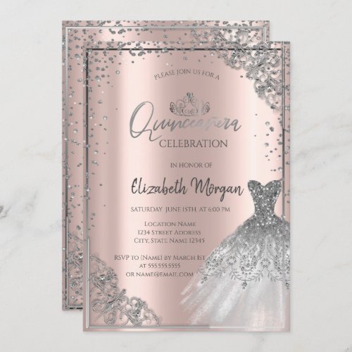 Silver DressTiaraDiamonds Rose Gold Quinceaera  Invitation